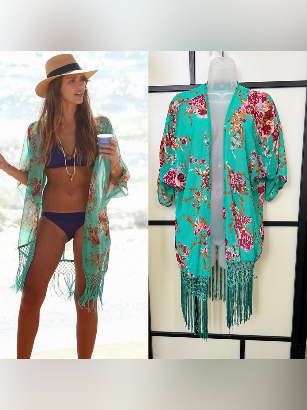 Swim Coverup Green Emerald Tassels Sheer Floral Kimono Robe Festival Rave